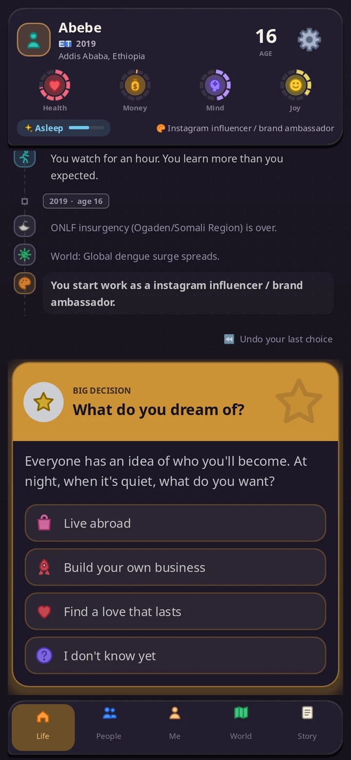 A big decision card: 'What do you dream of?' with the choices live abroad, build your own business, find a love that lasts.