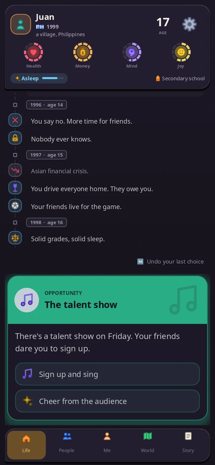 An opportunity card: the talent show, with the choices 'Sign up and sing' and 'Cheer from the audience'.